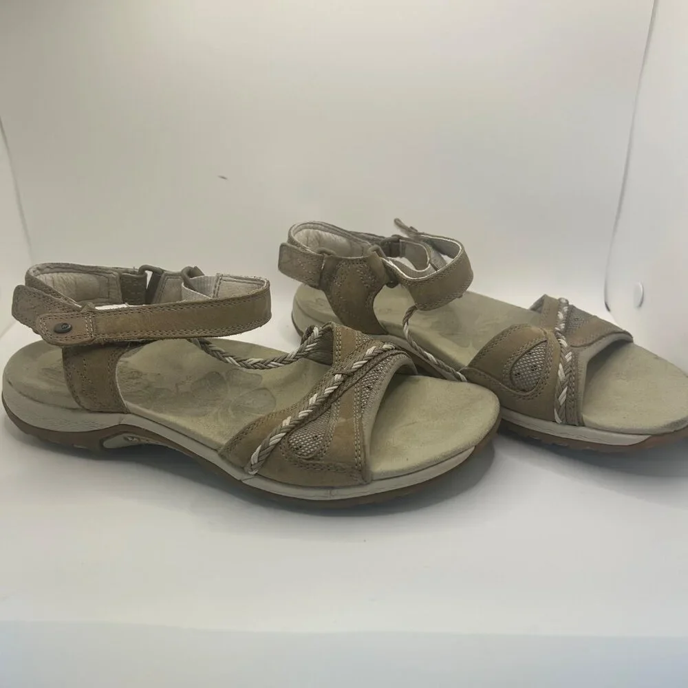 Merrell violatta aluminum Tan Strappy Sandals Size 7 Braided Detail & Adjustable - Picture 3 of 8